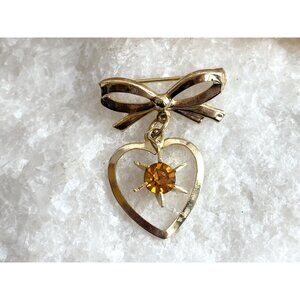 Gold Toned Matte Ribboned Bow Heart Shaped Orange Rhinestoned  Brooch